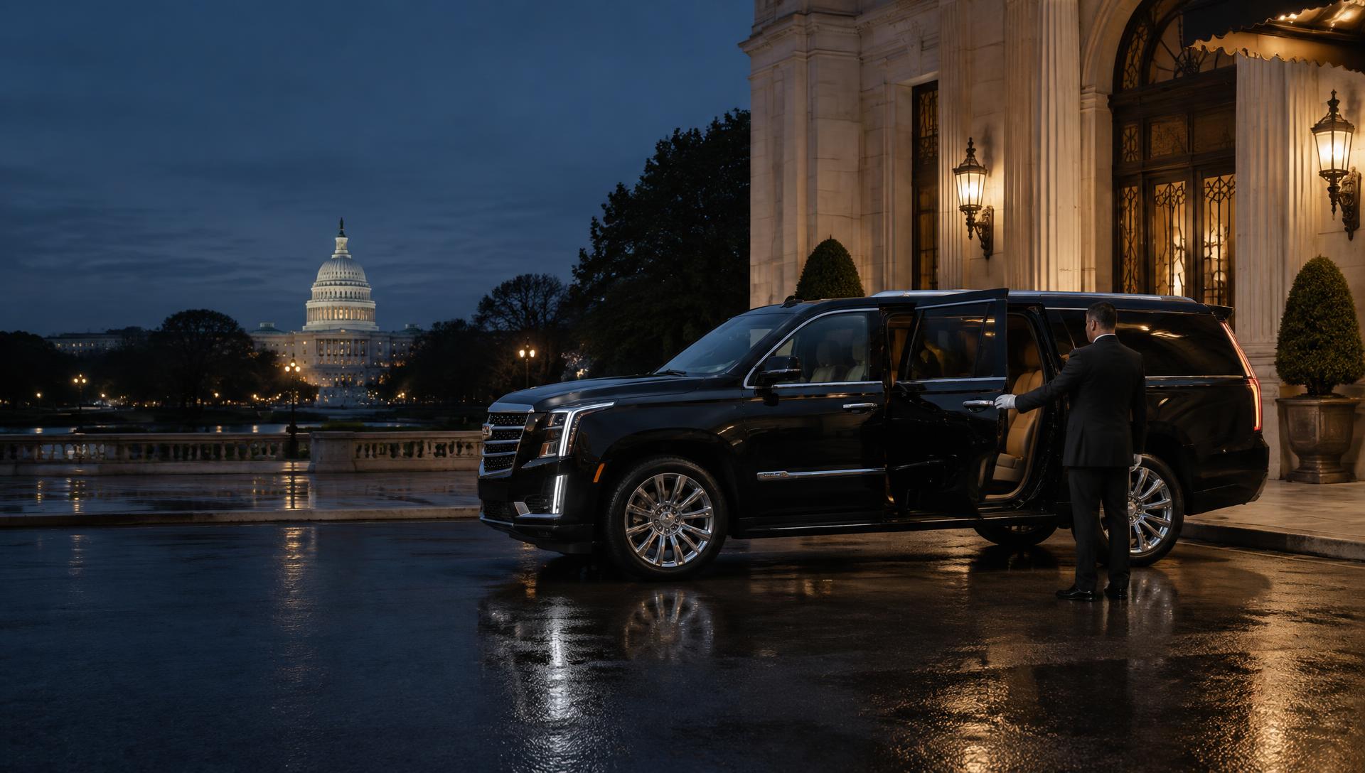 Continent Limo chauffeur opening a black luxury SUV in Washington D.C.