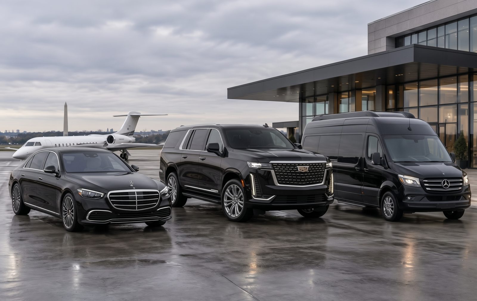 Continent Limo fleet: Mercedes-Benz S 580 on the left, new Cadillac Escalade in the middle, and Mercedes-Benz Sprinter on the right at a private jet terminal